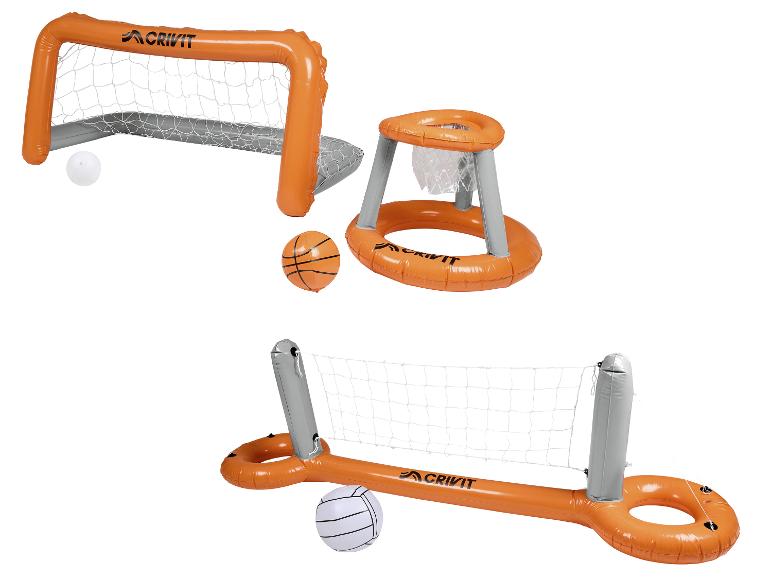 Aufblasbares Fußballtor, Basketballkorb und Volleyballnetz für den Pool.