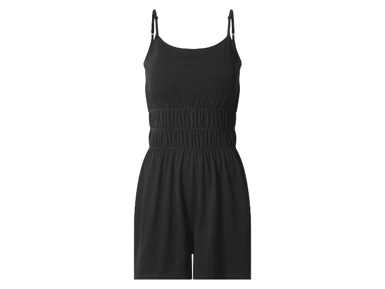 Schwarzer kurzer Jumpsuit mit dünnen Trägern und elastischem Bund