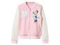Rosa-weiße Bomberjacke mit Reißverschluss, mit einem 'M' und einer Minnie Maus Zeichnung.