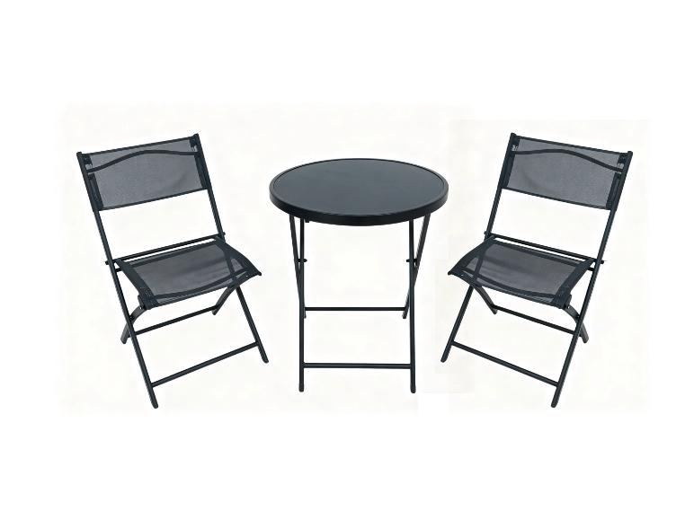 Schwarzes Bistrot-Set mit zwei Klappstühlen und einem runden Tisch.