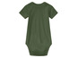 Ein dunkelgrüner Baby-Body mit kurzen Ärmeln.