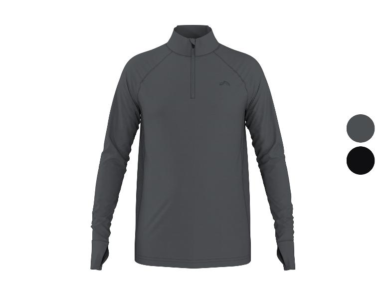 Dunkelgraues Herren-Langarm-Sport-T-Shirt mit Reißverschluss am Hals, mit Farbmustern.