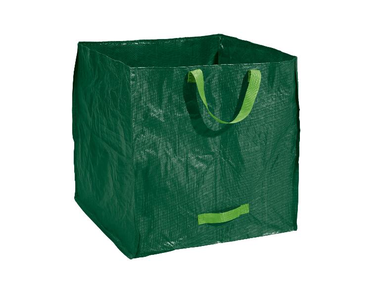 Ein grüner Müllsack mit grünen Griffen.