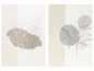 Zwei minimalistische Drucke mit botanischen Illustrationen und abstrakten Formen in Beige- und Grautönen.