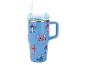 Blaue Thermotasse mit Griff und Strohhalm, mit Stitch- und Angel-Figuren
