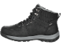 Schwarzer Herren-Wanderstiefel mit grauer Sohle und Schnürsenkeln, Seitenansicht.