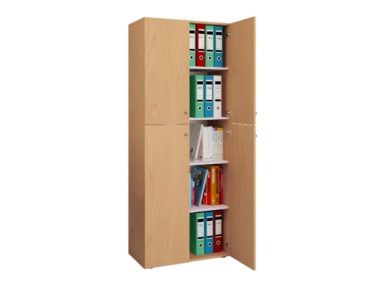 Holzschrank mit offenen Türen, gefüllt mit Ordnern und Designbüchern.