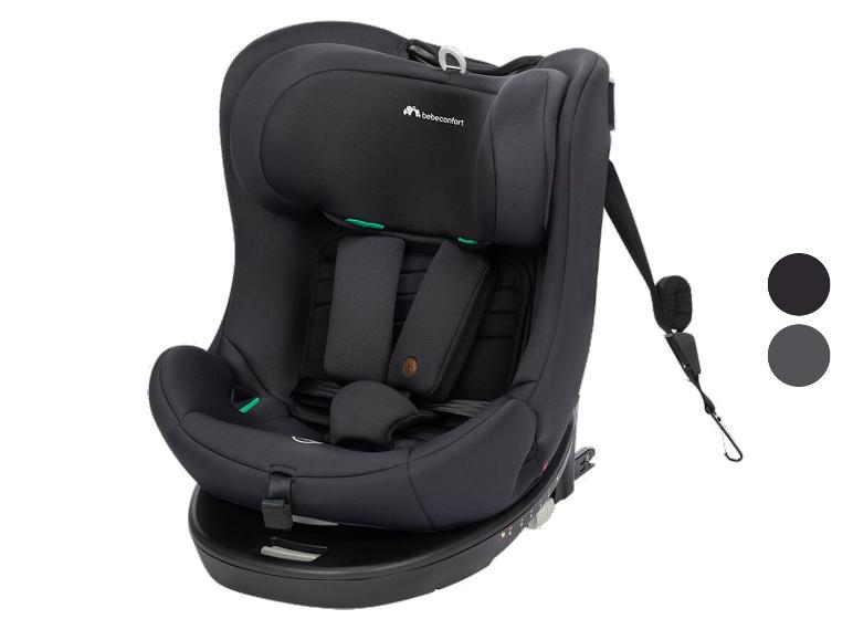 Schwarzer Kindersitz mit grauen Details und Sicherheitsgurten.