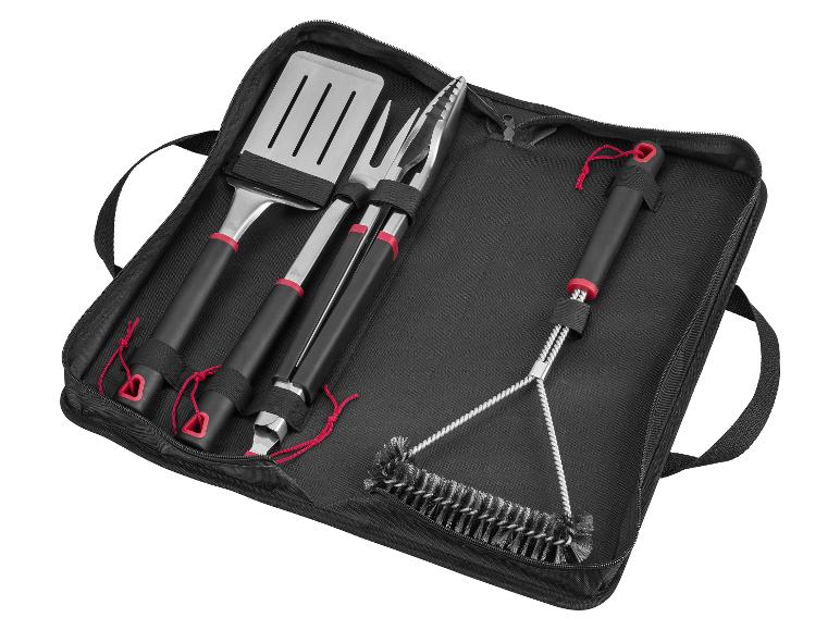 4-teiliges Grillbesteck-Set in schwarzer Tasche, bestehend aus Spatel, Gabel, Zange und Bürste.