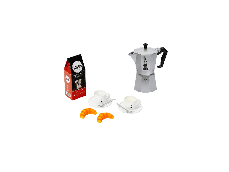 KLEIN Bialetti Moka Espresso Spielset mit Espressokocher, Tassen, Löffeln, Croissants und Kaffeepackung.