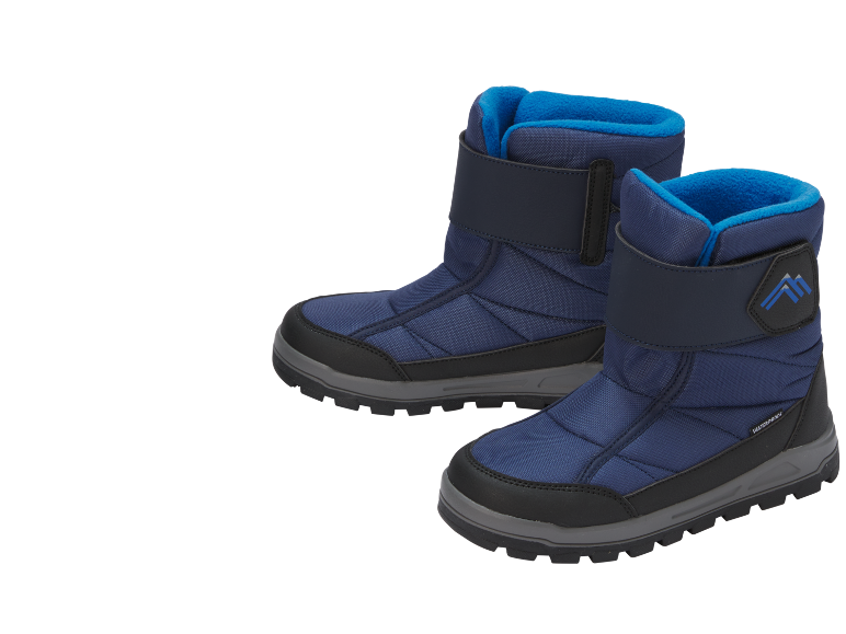 Ein Paar blaue wasserdichte Kinder-Schneestiefel mit Klettverschluss.