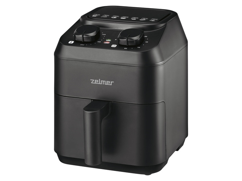 Schwarze Airfryer von Zelmer mit Bedienknöpfen.