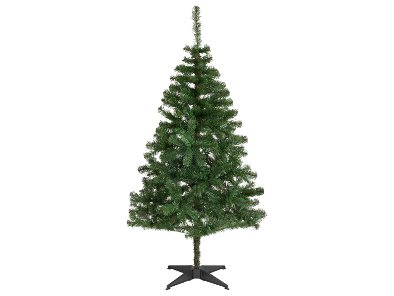 Grüner künstlicher Weihnachtsbaum mit Kreuzfuß, bereit zum Dekorieren.
