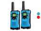 Zwei blaue und schwarze Walkie-Talkies mit Bildschirmen und Tasten, eines mit einem roten Punkt und eines mit einem blauen Punkt.