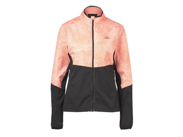 Orange-schwarze Sportjacke für Damen mit Frontreißverschluss.