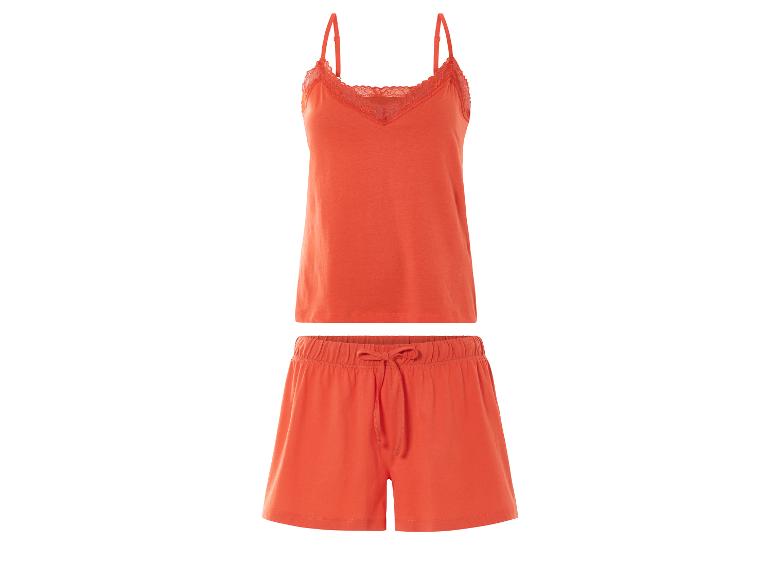 Korallenroter Pyjama: Top mit Spitze und Shorts.