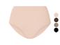 Damenunterhose in Hautfarbe mit Farbproben in Braun, Beige und Schwarz.