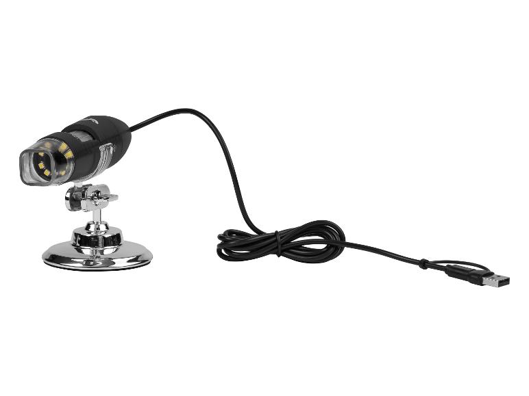 Schwarzes USB-Digitalmikroskop mit Chromständer und aufgerolltem Kabel