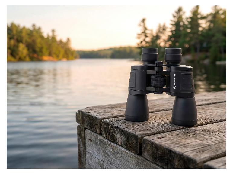 Fernglas auf einem Holzsteg an einem See bei Sonnenuntergang.