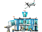 Flughafen-Bauspielzeug mit Terminal, Flugzeug und Minifiguren.