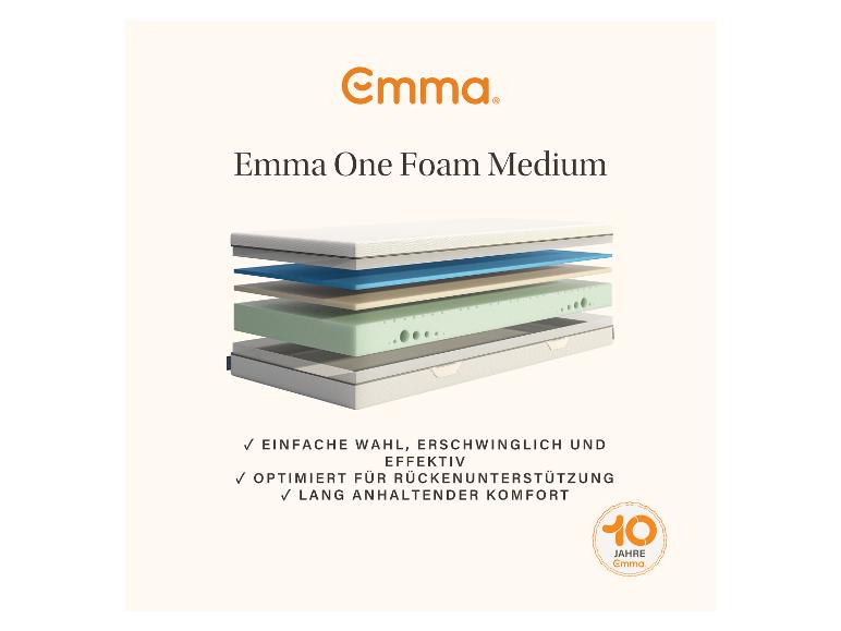 Emma One Foam Medium Matratze mit Schichten, die Komfort und Rückenunterstützung hervorheben.