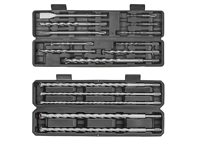 Ein Satz mit verschiedenen Bohrern und einem Meißel in einer schwarzen Aufbewahrungsbox.