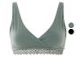 Ein grüner BH mit Spitze am unteren Rand.