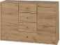 Holzkommode mit zwei Türen und vier Schubladen.