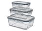 Set aus drei stapelbaren Glas-Frischhaltedosen mit transparenten Deckeln