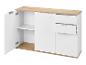 Weißes und hölzernes Sideboard mit offener Tür, einem Regal und zwei Schubladen.