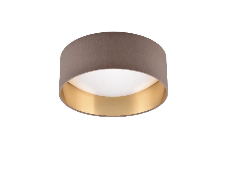 Runde Deckenleuchte mit grauem Textilschirm und goldener Innenseite