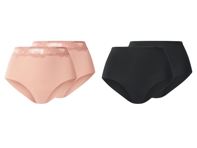 Zwei Paar Damen-High-Waist-Slips, eines in Pfirsich mit Spitze und eines in Schwarz.