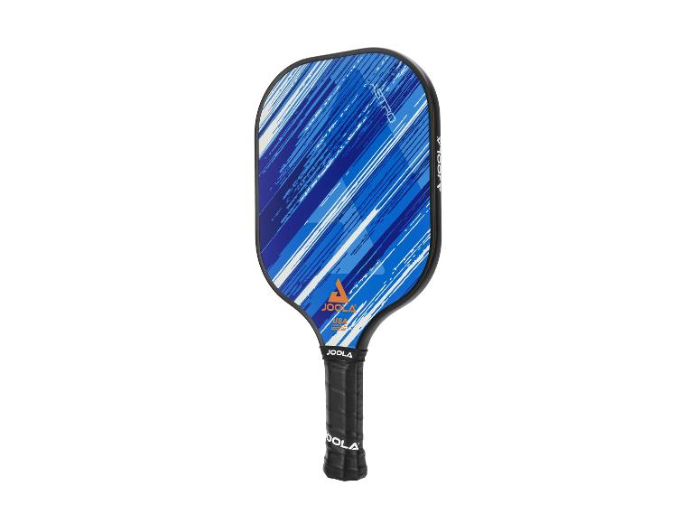 Pickleball-Schläger mit blau-weißem abstraktem Design, schwarzer Griff