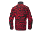 Rückansicht einer rot-schwarz gemusterten Fleecejacke mit Stehkragen