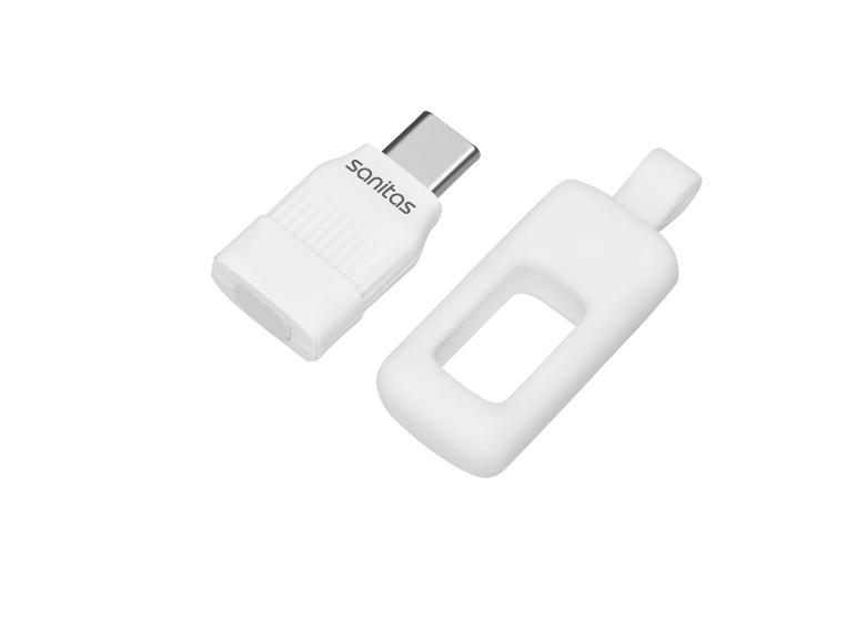 Weißer USB-C Adapter mit Schutzhülle
