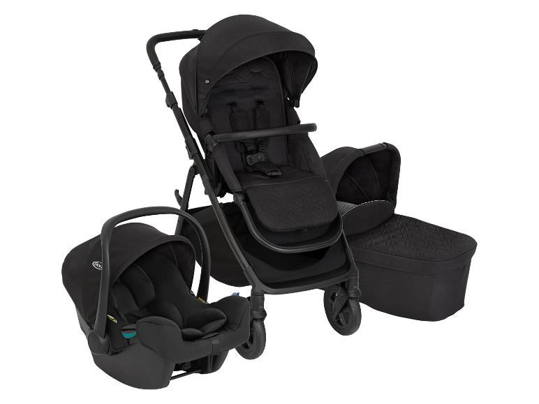 Schwarzer 3-in-1 Kinderwagen mit Autositz und Babywanne auf weißem Hintergrund.
