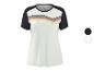 Weißes Damen-Sport-T-Shirt mit schwarzen Ärmeln und einem schwarz, rot und gelb gestreiften Muster.
