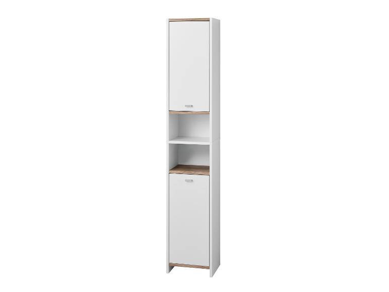 Hoher Badezimmerschrank in Weiß und Holz mit Türen und offenen Regalen