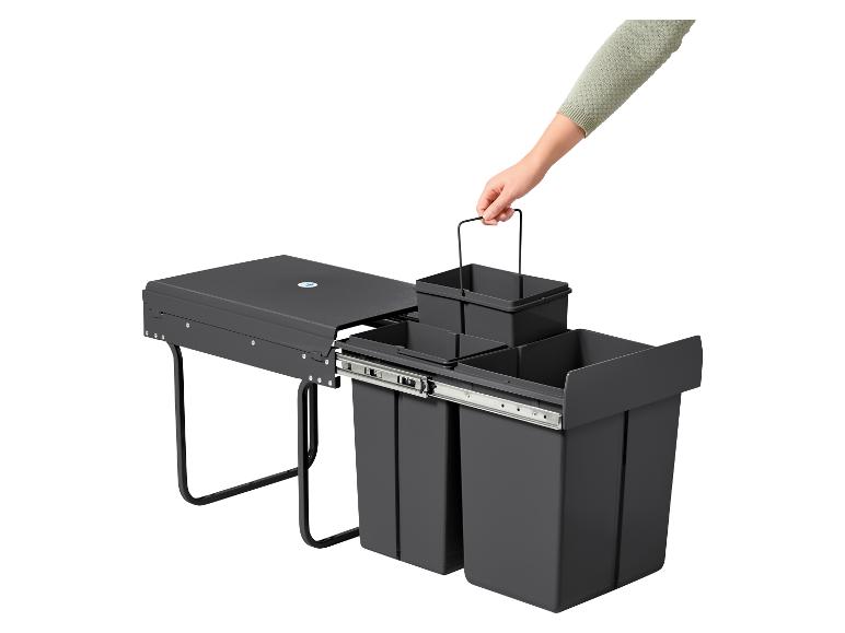 Dreiteiliges Mülltrennsystem mit Deckel.