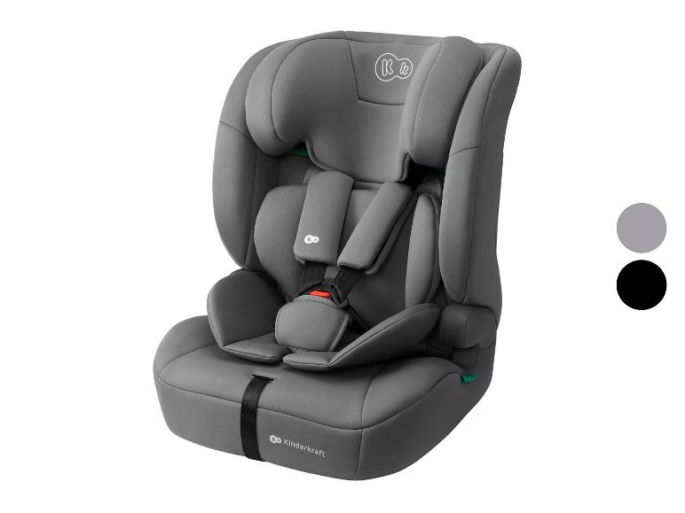 Grauer Kindersitz mit Fünfpunktgurt und verstellbarer Kopfstütze.