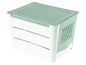 Eine weiße Aufbewahrungsbox mit grünem Deckel und einem Gitter an der Seite.