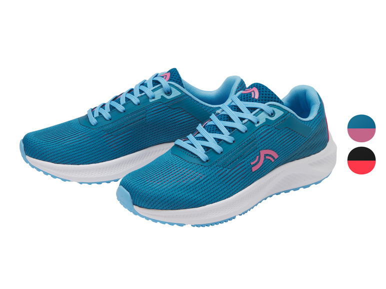 Blaue Laufschuhe mit rosafarbenen Akzenten.