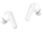 Zwei weiße kabellose Ohrhörer mit Logo am Stiel.