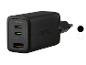 Schwarzes Wandladegerät mit zwei USB-C-Anschlüssen und einem USB-A-Anschluss, beschriftet mit PD 45W.