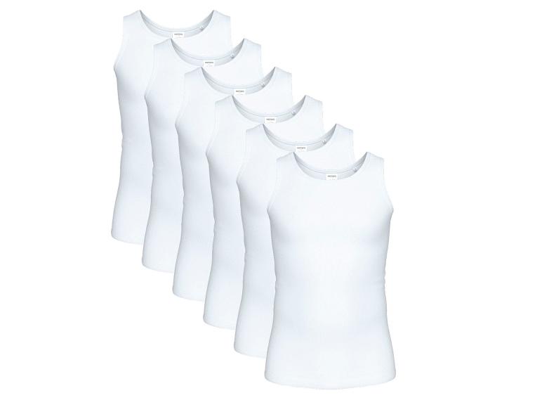 Set aus sechs weißen Damen-Tanktops, diagonal angeordnet.