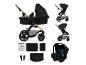 Schwarzes 3-in-1 Kinderwagensystem mit Babywanne, Sportsitz, Autositz und Zubehör.