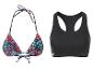 Tropischer Blumen-Bikini und schwarzes Sport-Top.