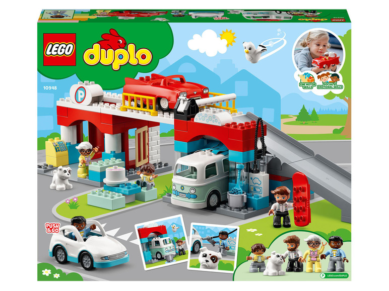 LEGO Duplo Spielzeug mit einer Autowaschanlage, Autos und Figuren.
