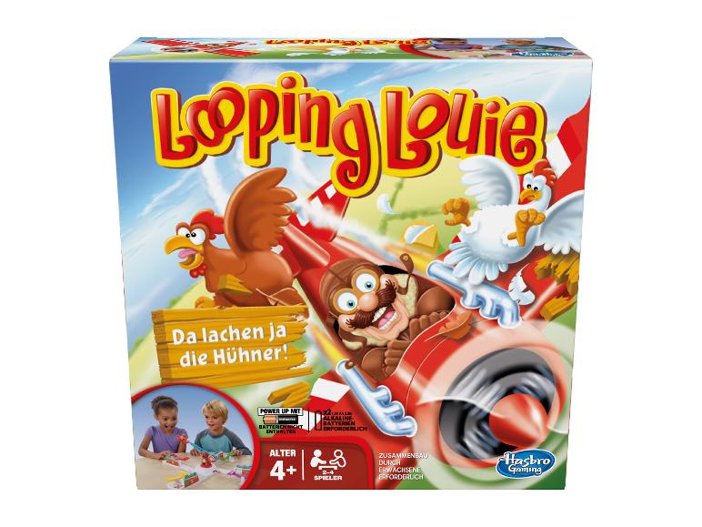 Die Schachtel des Hasbro-Brettspiels Looping Louie mit zwei Kindern, die spielen.