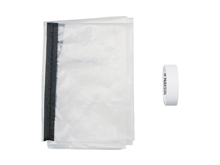 Transparente Schutzhülle mit Reißverschluss und weißem Parkside Klebeband.